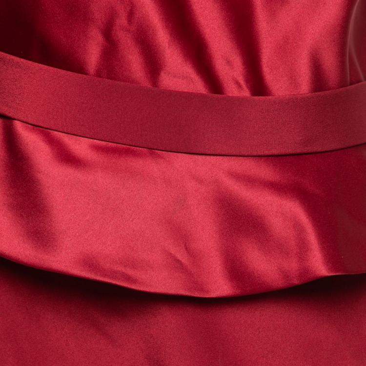 Pre Owned Marchesa Notte Maroon Rosette Draped Silk One Shoulder Peplum Dress M
