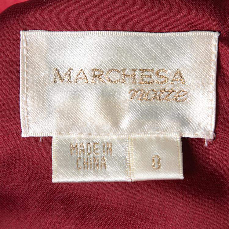 Pre Owned Marchesa Notte Maroon Rosette Draped Silk One Shoulder Peplum Dress M