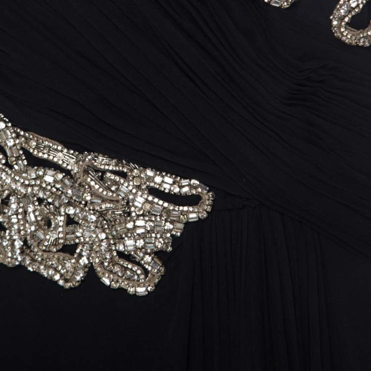 Pre Owned Marchesa Black Silk Embellished Bodice Evening Gown M 