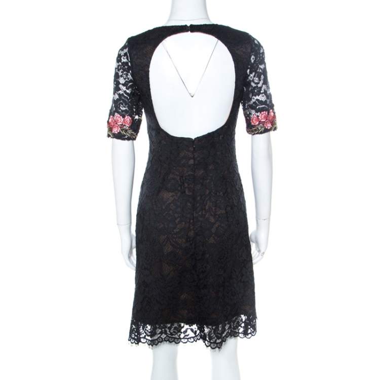 Pre Owned Marchesa Notte Black Lace Floral Applique Backless Short Dress S