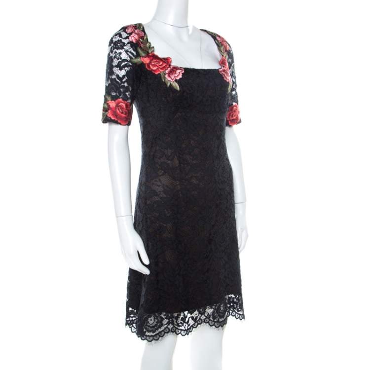 Pre Owned Marchesa Notte Black Lace Floral Applique Backless Short Dress S