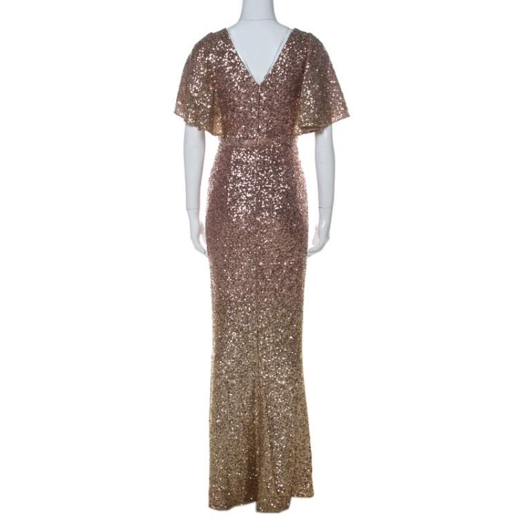 Pre Owned Marchesa Notte Blush & Gold Ombre Sequin Embellished Detail Gown S