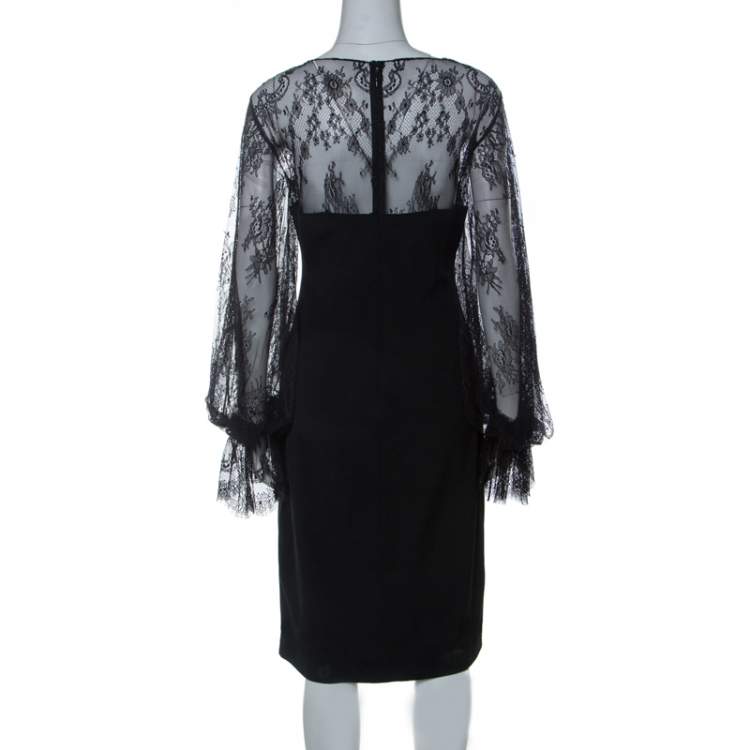 Pre Owned Marchesa Notte Black Silk Sheer Lace Yoke Detail Shift Dress L