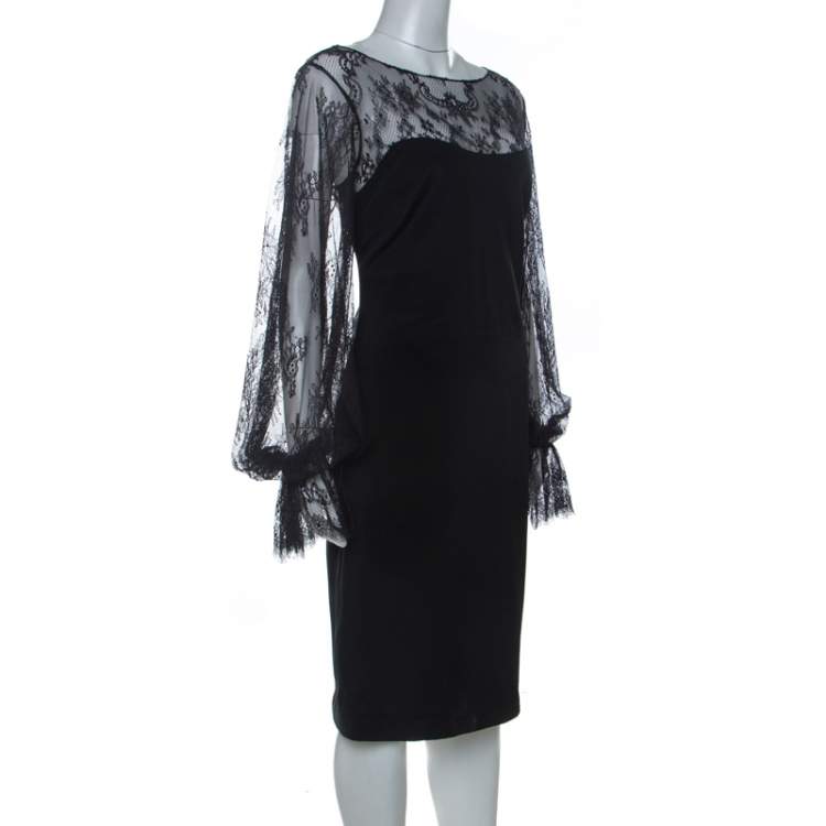 Pre Owned Marchesa Notte Black Silk Sheer Lace Yoke Detail Shift Dress L