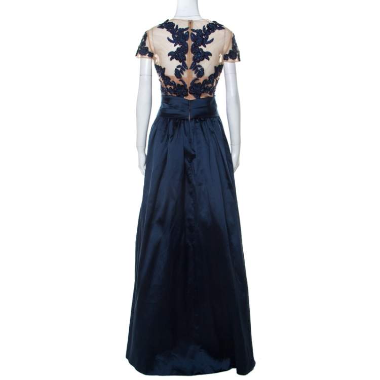 Pre Owned Marchesa Notte Navy Blue Taffeta Embroidered Bodice Detail Mikado Gown XL