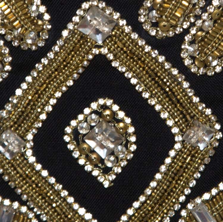 Pre Owned Marchesa Black Embellished Silk Slub Strapless Gown L