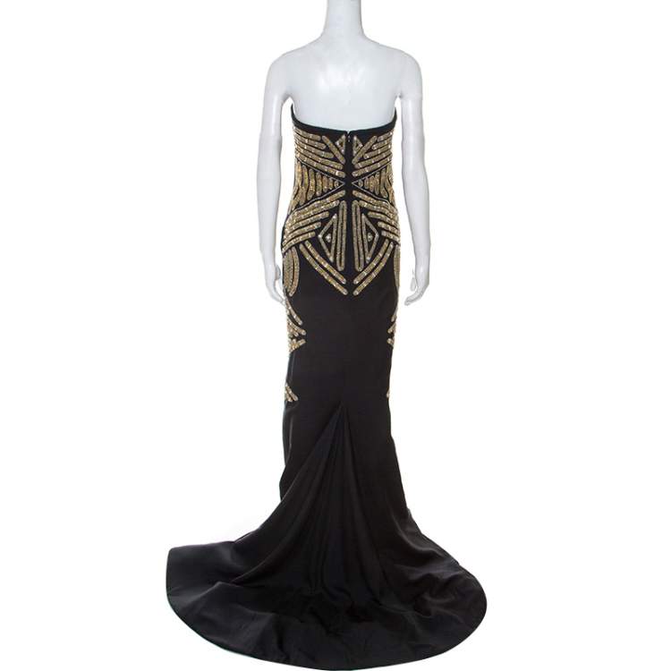 Pre Owned Marchesa Black Embellished Silk Slub Strapless Gown L