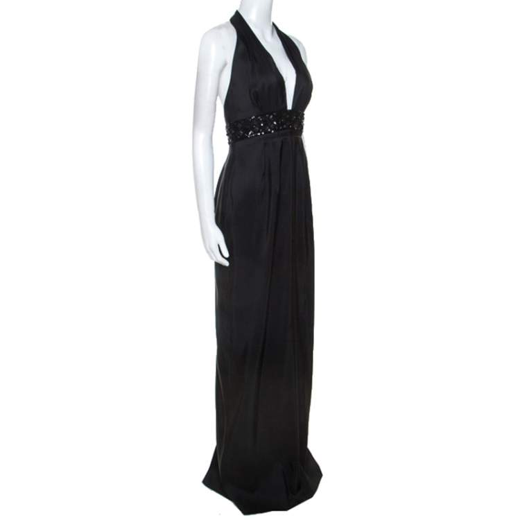Pre Owned Marchesa Notte Black Silk Embellished Waist Halterneck Evening Gown M