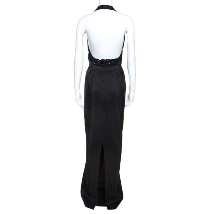 Pre Owned Marchesa Notte Black Silk Embellished Waist Halterneck Evening Gown M