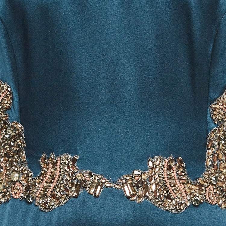 Pre Owned MARCHESA VOYAGE Blue Crystal Embellished Silk Satin Gown S