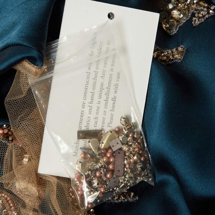 Pre Owned MARCHESA VOYAGE Blue Crystal Embellished Silk Satin Gown S