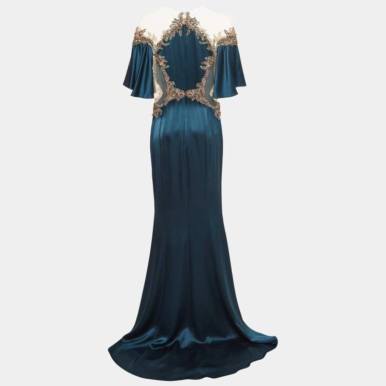 Pre Owned MARCHESA VOYAGE Blue Crystal Embellished Silk Satin Gown S