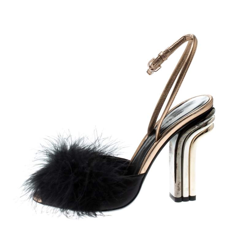 Pre Owned Marco De Vincenzo Black Feathers Embellished Ankle Strap Sandals Size 36