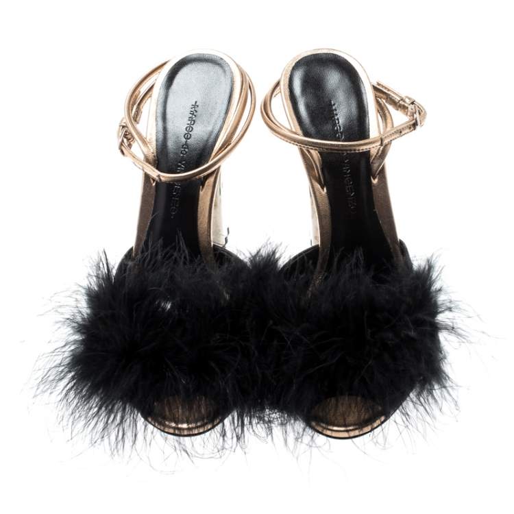 Pre Owned Marco De Vincenzo Black Feathers Embellished Ankle Strap Sandals Size 36