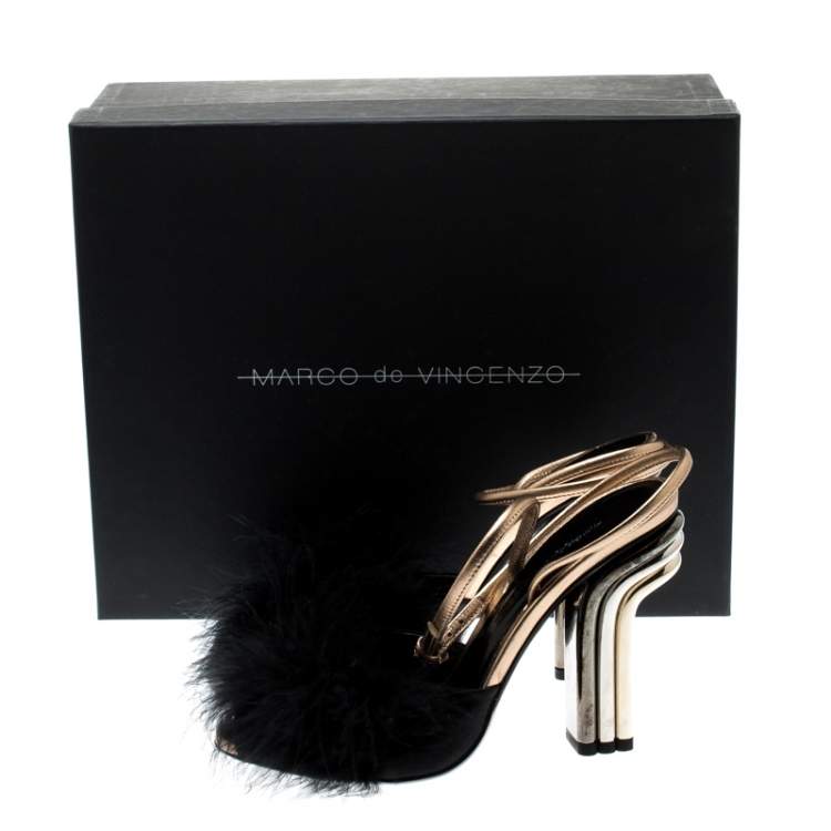 Pre Owned Marco De Vincenzo Black Feathers Embellished Ankle Strap Sandals Size 36