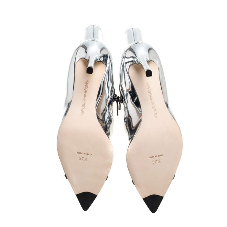 Pre Owned Marco de Vincenzo Metallic Silver Leather Bow Pointed Toe Ankle Boots Size 37.5