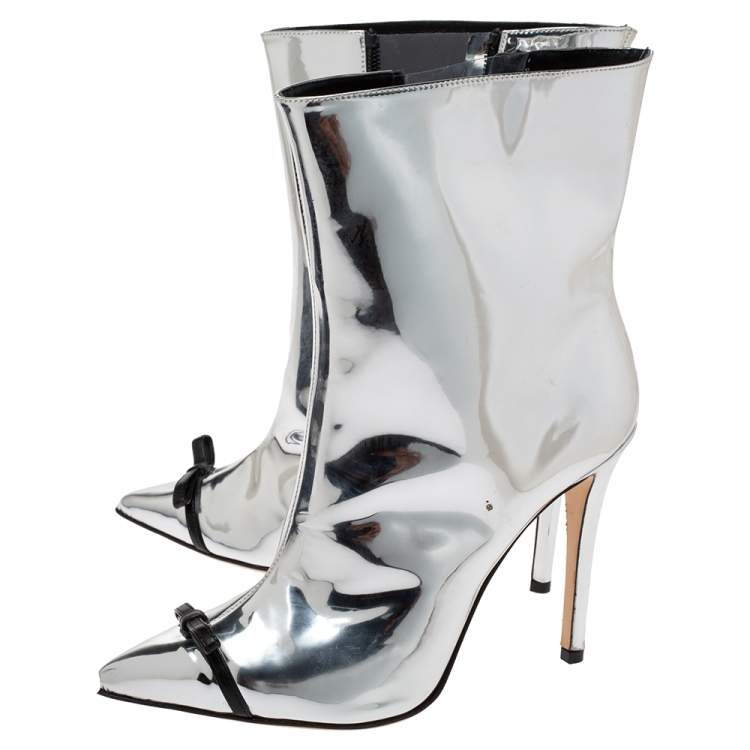 Pre Owned Marco de Vincenzo Metallic Silver Leather Bow Pointed Toe Ankle Boots Size 37.5