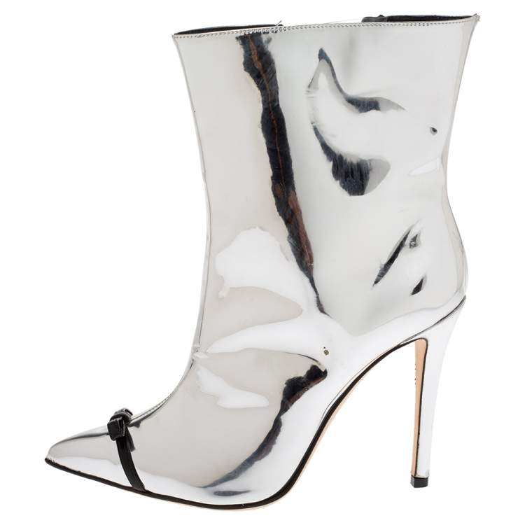 Pre Owned Marco de Vincenzo Metallic Silver Leather Bow Pointed Toe Ankle Boots Size 37.5