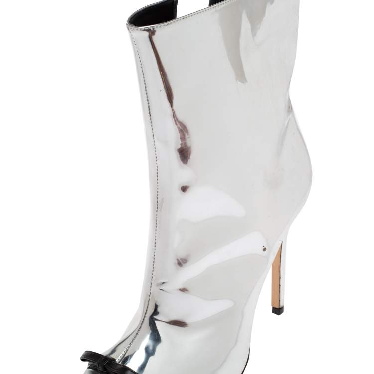 Pre Owned Marco de Vincenzo Metallic Silver Leather Bow Pointed Toe Ankle Boots Size 37.5