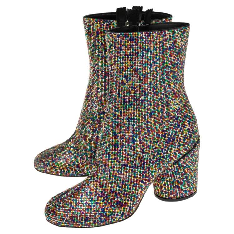 Pre Owned Marco de Vincenzo Multicolor Leather and Crystals Zip Ankle Boots Size 38 