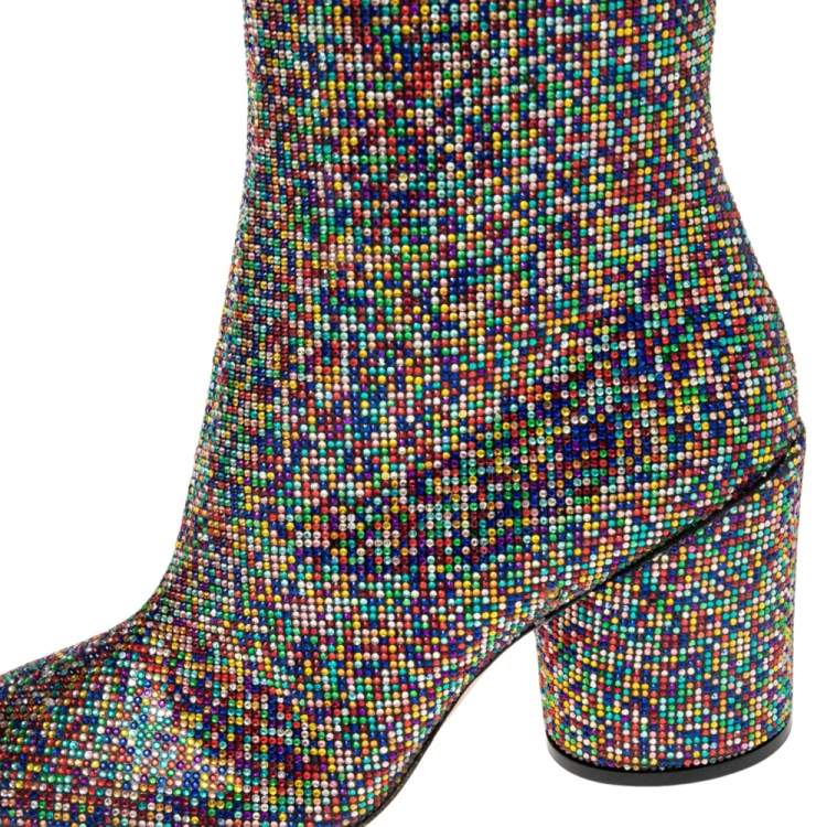Pre Owned Marco de Vincenzo Multicolor Leather and Crystals Zip Ankle Boots Size 38 