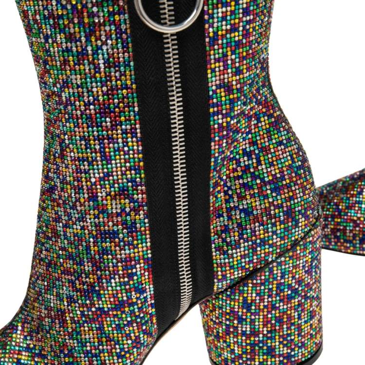 Pre Owned Marco de Vincenzo Multicolor Leather and Crystals Zip Ankle Boots Size 38 
