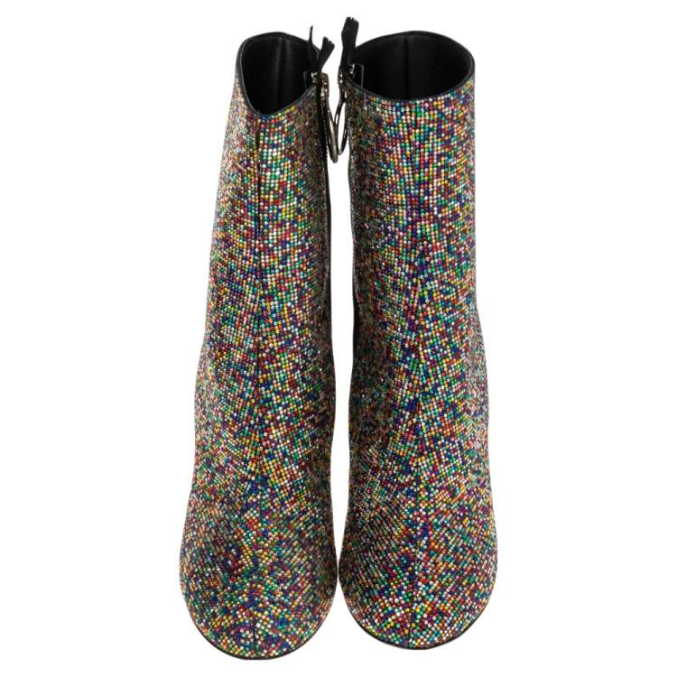 Pre Owned Marco de Vincenzo Multicolor Leather and Crystals Zip Ankle Boots Size 38 