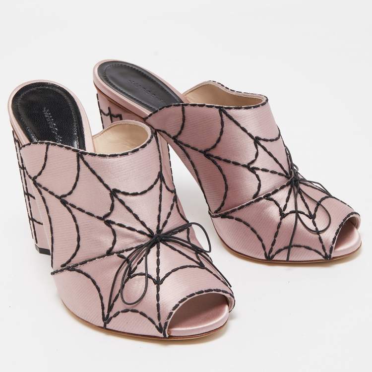 Pre Owned Marco de Vincenzo Pink Satin Spider Web Embroidered Open Toe Mules Size 39.5