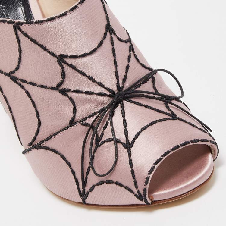 Pre Owned Marco de Vincenzo Pink Satin Spider Web Embroidered Open Toe Mules Size 39.5