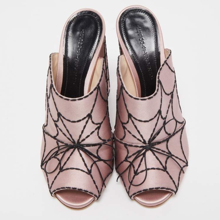 Pre Owned Marco de Vincenzo Pink Satin Spider Web Embroidered Open Toe Mules Size 39.5