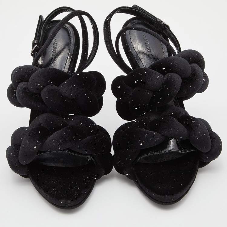 Pre Owned Marco de vincenzo Black Braided Glitter Velvet Ankle Strap Sandals Size 38.5