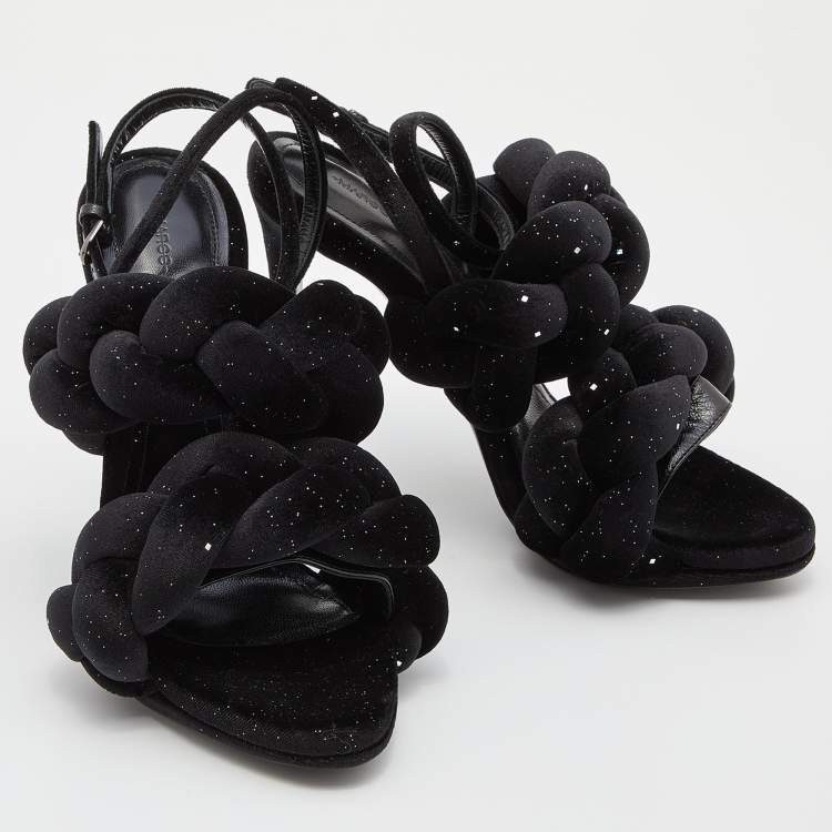 Pre Owned Marco de vincenzo Black Braided Glitter Velvet Ankle Strap Sandals Size 38.5