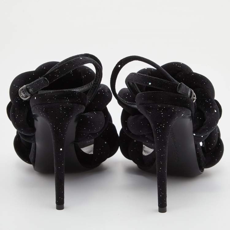 Pre Owned Marco de vincenzo Black Braided Glitter Velvet Ankle Strap Sandals Size 38.5