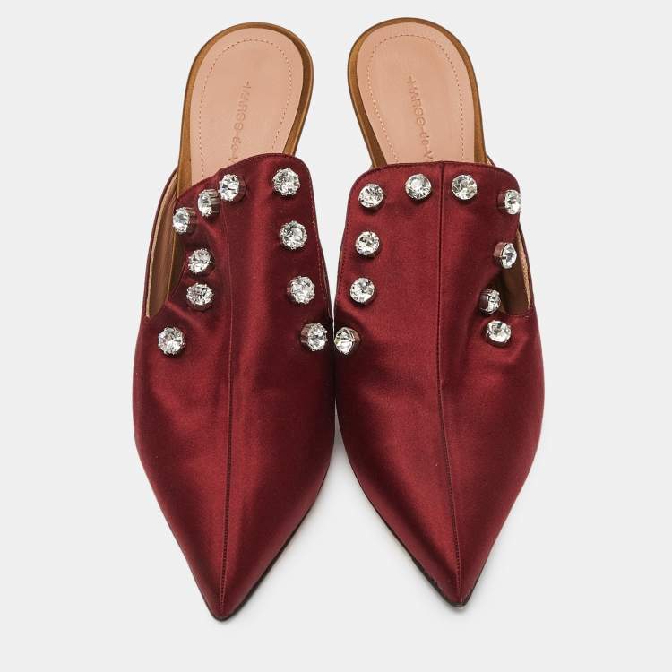 Pre Owned Marco de vincenzo Burgundy Satin Crystals Embellished Pointed Toe Mules Size 40