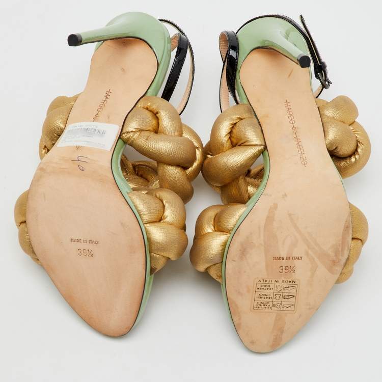 Pre Owned Marco de vincenzo Gold/Black Metallic Leather and Patent Leather Ankle Strap Sandals Size 39.5