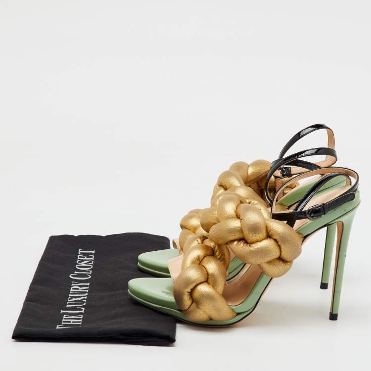 Pre Owned Marco de vincenzo Gold/Black Metallic Leather and Patent Leather Ankle Strap Sandals Size 39.5
