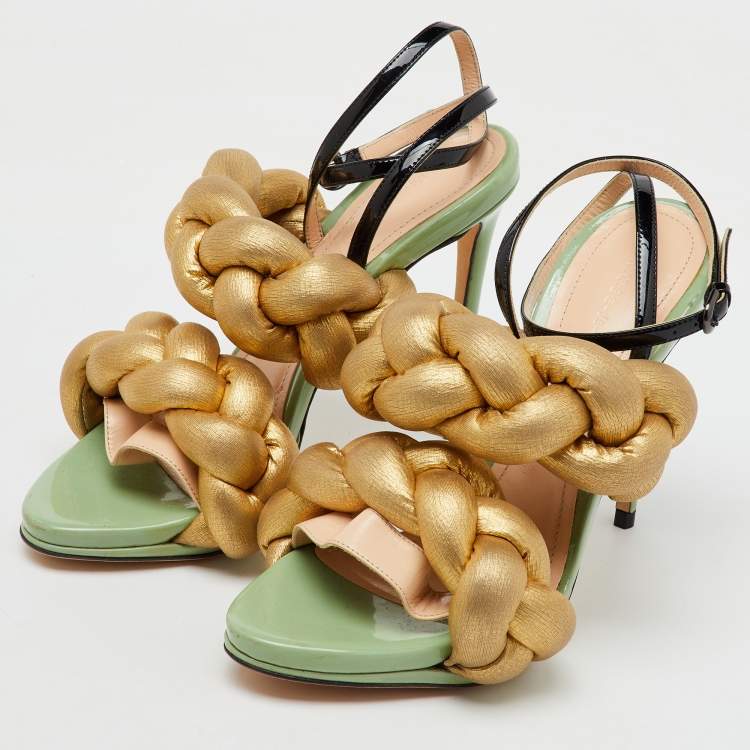 Pre Owned Marco de vincenzo Gold/Black Metallic Leather and Patent Leather Ankle Strap Sandals Size 39.5