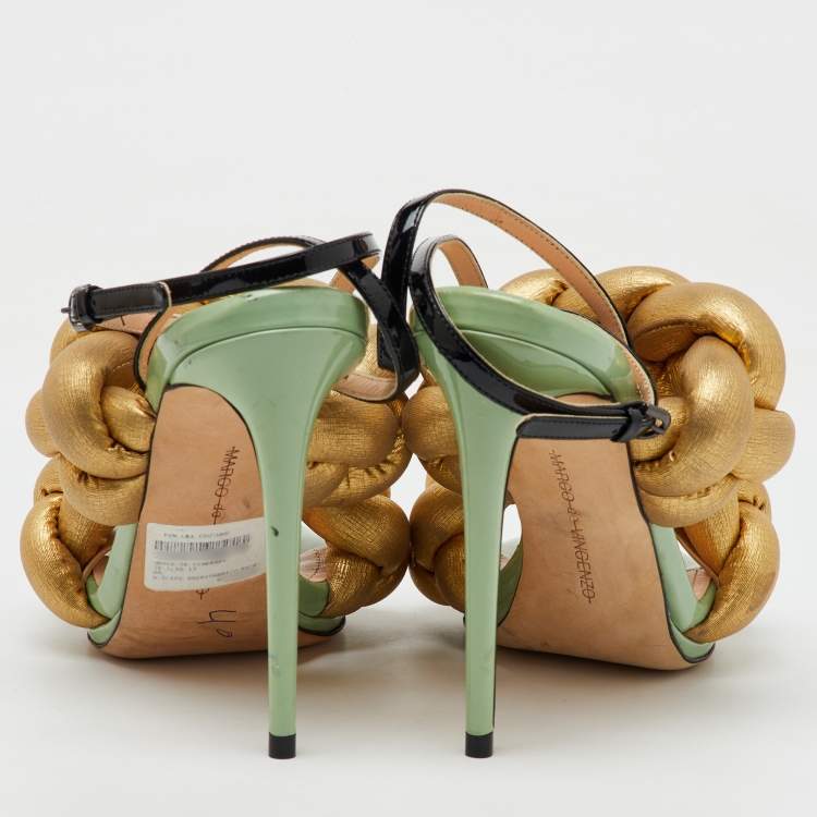 Pre Owned Marco de vincenzo Gold/Black Metallic Leather and Patent Leather Ankle Strap Sandals Size 39.5