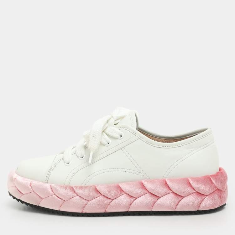 Pre Owned Marco De Vincenzo White/Pink Leather and Velvet Rope Sneakers Size 39.5