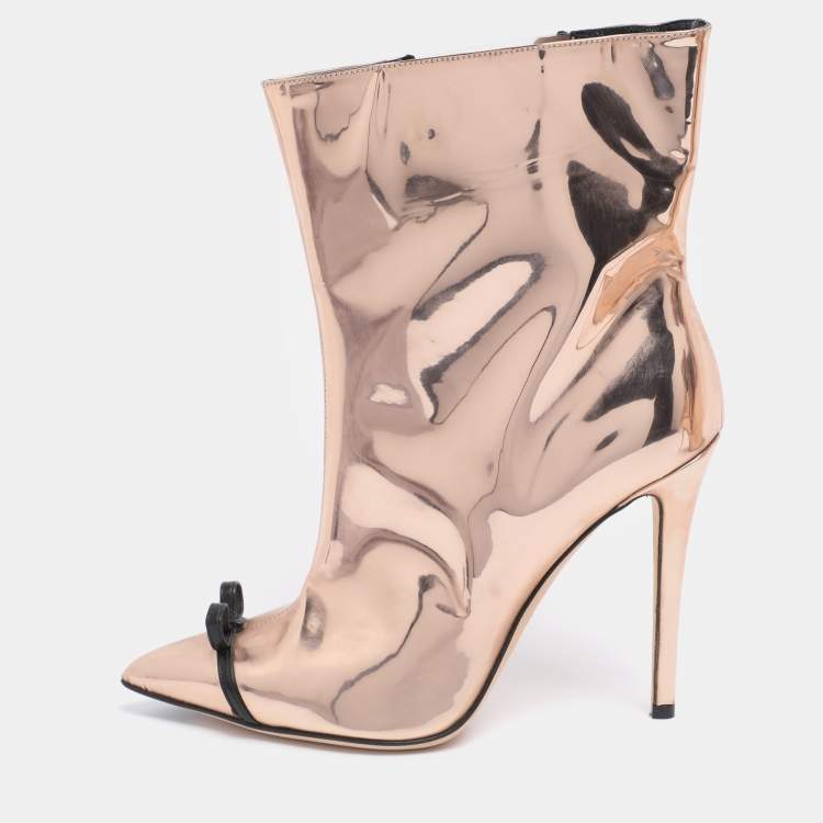Pre Owned Marco de Vincenzo Metallic Rose Gold Leather Bow Pointed Toe Ankle Boots Size 39
