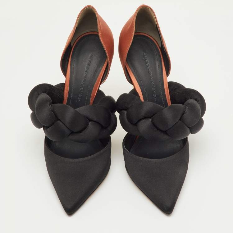 Pre Owned Marco de Vincenzo Black/Brown Satin Rope Pointed Toe Pumps Size 39