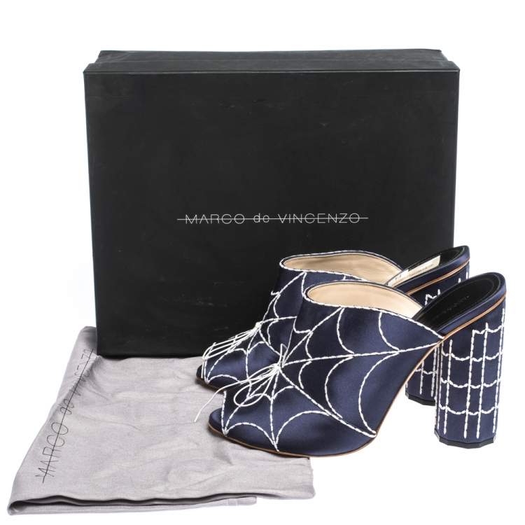 Pre Owned Marco de Vincenzo Blue Embroidered Satin Open Toe Block Heel Sandals Size 41
