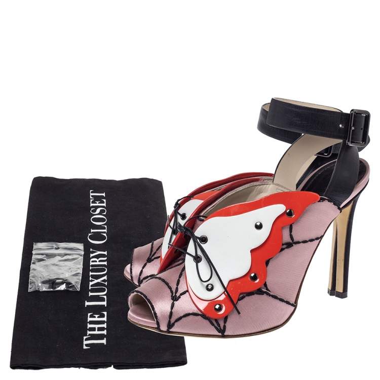 Pre Owned Marco de Vincenzo Multicolor Satin And Leather Butterfly Peep Toe Slingback Sandals Size 36