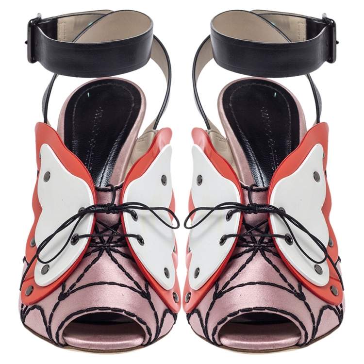Pre Owned Marco de Vincenzo Multicolor Satin And Leather Butterfly Peep Toe Slingback Sandals Size 36