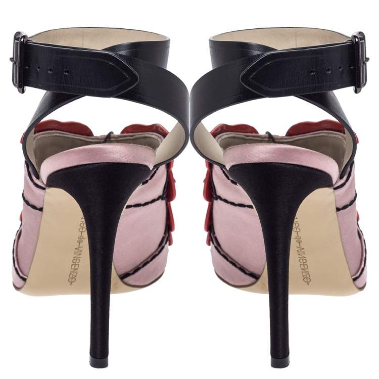 Pre Owned Marco de Vincenzo Multicolor Satin And Leather Butterfly Peep Toe Slingback Sandals Size 36