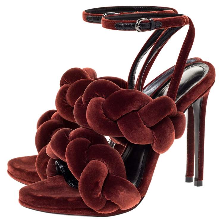 Pre Owned Marco de vincenzo Brown Velvet Braided Ankle Strap Sandals Size 39