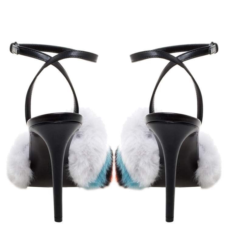 Pre Owned Marco De Vincenzo Multi Color Leather and Striped Faux Fur Slingback Sandals Size 38.5