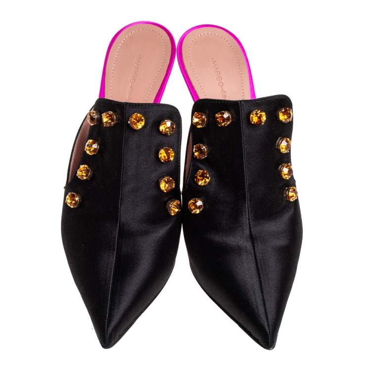 مملوكة مسبقًا Marco de vincenzo Black Satin Embellished Pointed Toe Mules Size 38