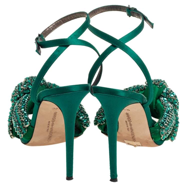 Pre Owned Marco de vincenzo Green Crystal Embellished Satin Knotted Ankle Strap Sandals Size 38.5