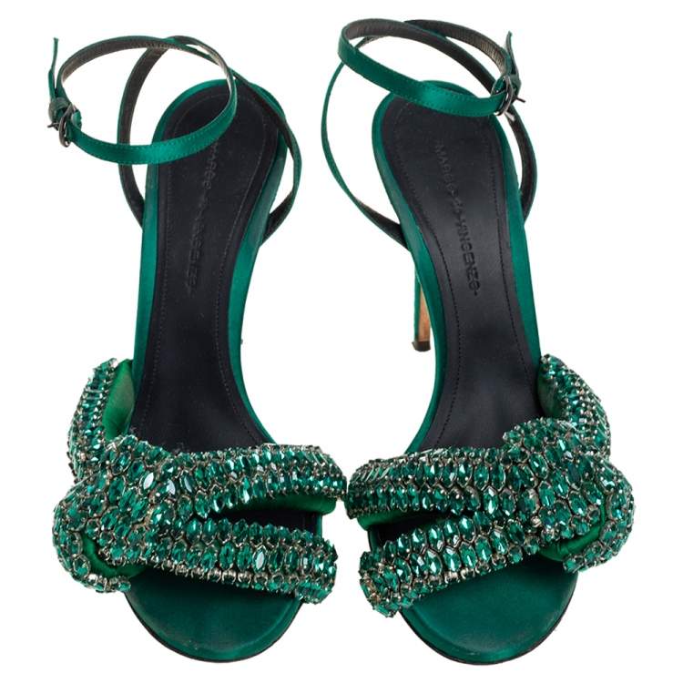 Pre Owned Marco de vincenzo Green Crystal Embellished Satin Knotted Ankle Strap Sandals Size 38.5